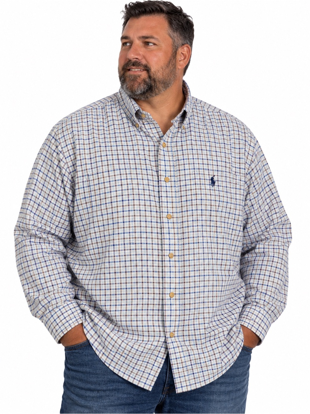 Ralph Lauren Men's 3XLT Blue White Brown Check Button Down Shirt Long Sleeve